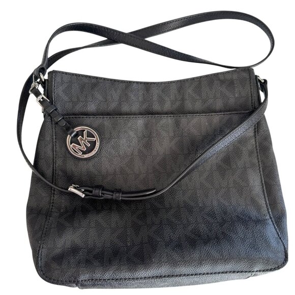 Michael Kors Black Monogram Print Crossbody Bag Adjustable Strap Zipper Closures - Picture 1 of 9